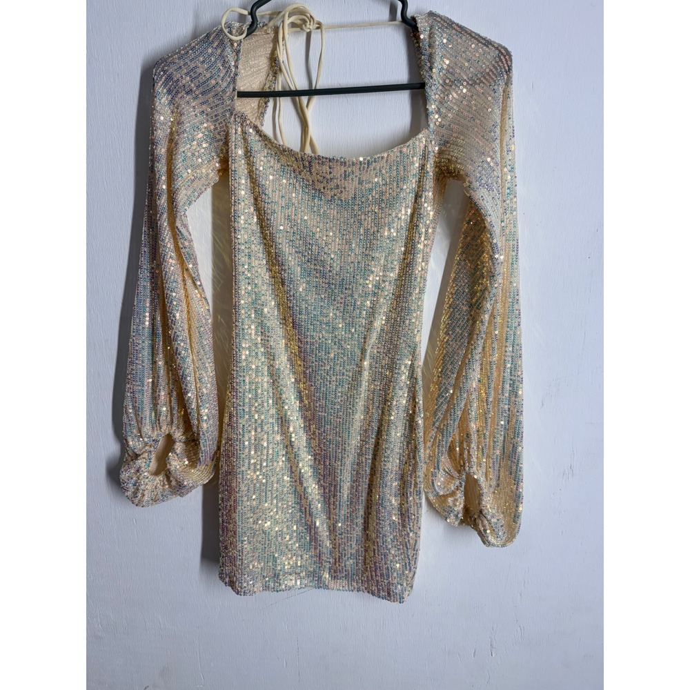 Lucy in the Sky Los Angeles Iridescent Sequin Mini Dress Puff Sleeve Gold Small